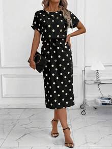 Editum Robe à manches chauve-souris à pois pour femmes, nouvelle collection automne, noir et blanc, polyvalente pour les trajets quotidiens et diverses occasions - Noir et Blanc - Voir 3