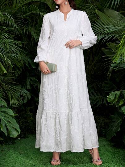 SHEIN Najma 立领纽扣装饰刺绣面料灯笼袖喇叭下摆女士阿拉伯连衣裙