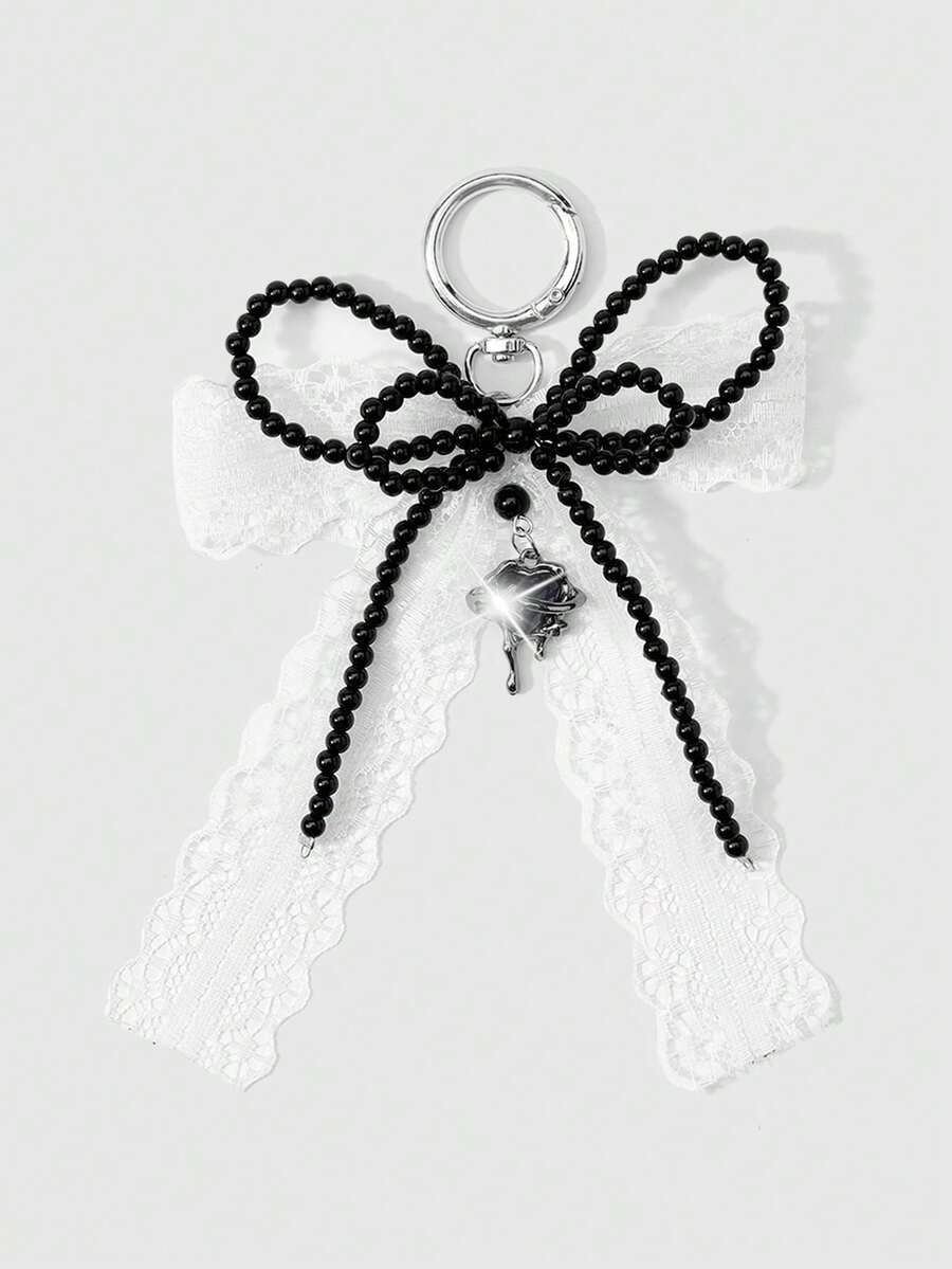 ROMWE Kawaii 1 Acessório Personalizado Estilo Gótico Casual Retrô Y2k, Feito à Mão com Contas Pretas de Resina Redonda, Renda Branca Multicamadas, Laço, Strass Líquido Cercando Pingente de Amor, Anel Simples, Chaveiro, Adequado para Uso Diário de Meninas e Mulheres, Presente de Feriado - Preto e Branco-21 - Visão 1