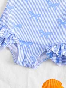 SHEIN Bộ đồ bơi liền thân cho bé gái màu xanh sọc in hình nơ - Nhiều màu - Xem 6