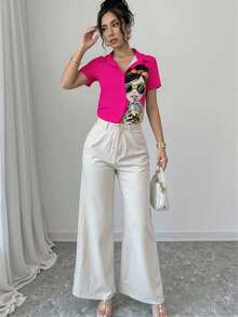 Elenzga Women Fashionable Girl Print Short Sleeve Button-Up Shirt,Short Sleeve Tops - Hot Pink - View 3