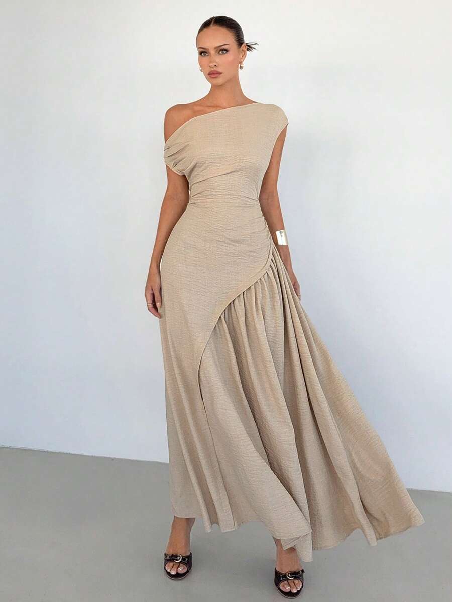 Siren Gaze 女士纯色不对称无袖修身褶皱连衣裙