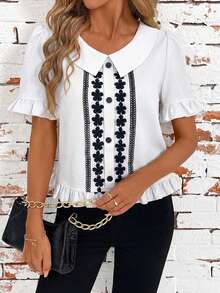 SHEIN Clasi 女士纯色前扣短袖休闲上衣，日常穿着，外出上衣，夏季 - 白色 - 查看 6