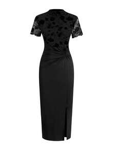 Ellevyn Twist Rose Flocked Bodycon Elegant Romantic Dress - Black - View 5