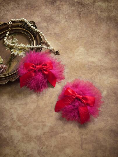 Valentine's Day Pink Plush Decor Bow Contrast Color Sweet Cute Women Nipple Cover & Chafing Gel Pads