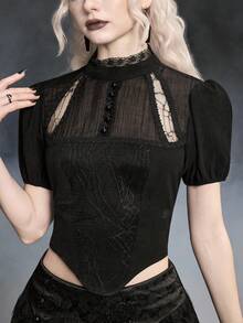 ROMWE Gothic Style Spider Web Lace Puff Sleeve Fitted Blouse - Black - View 2