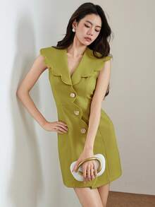 女士纯色金属单排扣时尚别致约会派对迷你连衣裙 - 芥末黃 - 查看 5