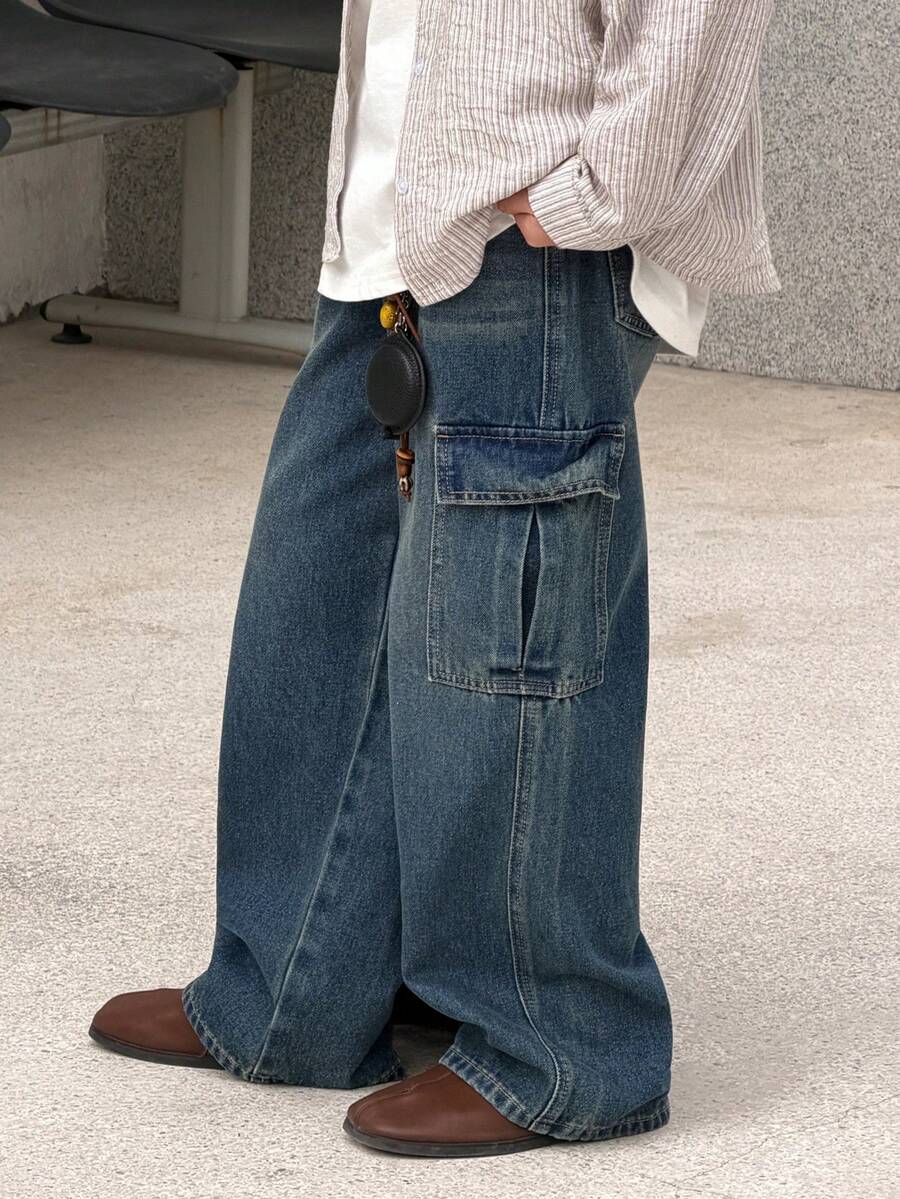 DAZY Quần jeans ống rộng thoải mái có túi hộp dành cho bé trai tuổi teen - Rửa tối - Xem 1