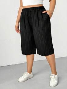 大码女装春夏时尚休闲宽松舒适日常百搭显瘦纹理面料黑色弹力腰五点裤，女式下装，夏季穿搭，曲线短裤 - 黑色 - 查看 4