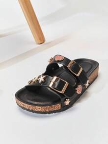 Mini mi Kids' Star & Heart Charms Double-Buckle Footbed Cork Pu Black Slide Sandal– Cute, Fun & Comfortable - Black - View 6