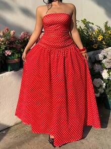 GalTyme 大码优雅波点印花无肩带连衣裙，夏季 - 紅色 - 查看 1