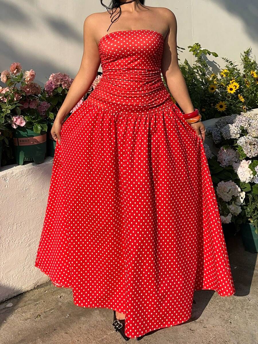 GalTyme 大码优雅波点印花无肩带连衣裙，夏季 - 紅色 - 查看 1