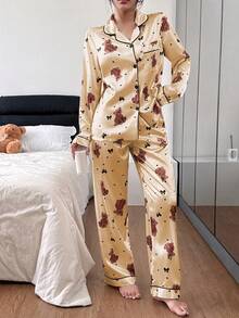 Asian Style Dream Adore Women's Brown Base Bear Bow Heart Print Faux Silk Lapel Cardigan & Pants Pajama Set - Apricot - View 4