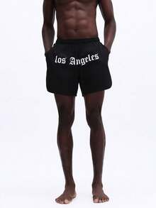 SUMWON Quần bơi nam Los Angeles Beach với họa tiết chữ Gothic, quần short thường ngày cho kỳ nghỉ hè. - màu đen - Xem 3