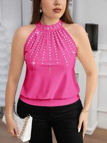 SHEIN Clasi Plus Size Women Y2K Solid Color Rhinestone Decor Elegant Halter Neck Camisole - Hot Pink - View 4