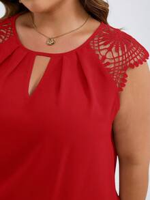 SHEIN Clasi Plus Size Women's Elegant Solid Color Notched Neck Blouse, Summer - Red - View 7