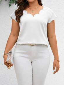 SHEIN Clasi Plus Size Solid Color Shell Trim Short Sleeve Casual Elegant Blouse, Summer Tops - White - View 3