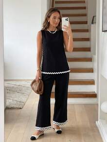 Easowa Women's Boat Neck Patchwork Ruffle Trim Sleeveless Blouse And Pants Elegant 2 Pieces Set Vacation Outfits Women,Casual Clothes Top And Pants Set Black Two Piece Set Women Blouse And Pants Set Two Piece Set Women 2 Piece Casual Sets Woman Two Piece Set Women Comfy - Black - View 2