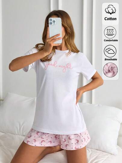 SHEIN Women Cotton 2pcs Contrast Colour Lettered Round Neck Short Sleeved Shirt&Striped Moon Star Pattern Shorts Homewear Comfort Pajama Set