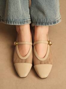 Rosivie Women's Square Toe Flat Mesh Shoes, Comfortable Breathable Soft Sole Mary Jane Shoes, Elegant French Style Everyday Commute Flat Shoes, Spring/Summer Valentine's Day - Apricot - View 2