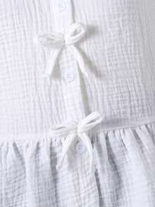 Đầm babydoll dáng rộng màu trắng trơn, thoải mái, đa năng cho bé gái tuổi teen, thích hợp mặc đi nghỉ mát mùa xuân/hè, kiểu dáng đồng quê, chất liệu cotton lanh, cổ tròn, tay phồng, có nơ, viền bèo nhún. - trắng - Xem 3