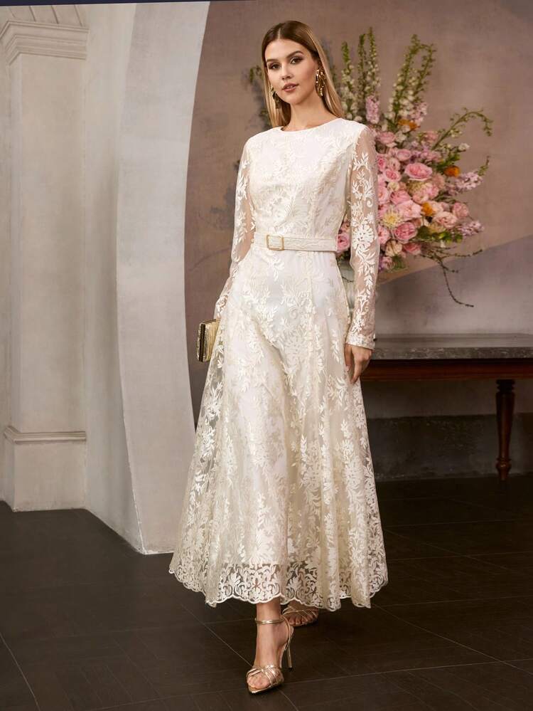 ELEGANT EMBROIDERED MESH LONG DRESS WITH BELT