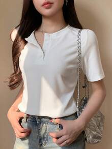 DAZY Solid Color Casual Half-Placket Fitted Short Sleeve Commuter Short Sleeve T-Shirt, Spring/Summer - White - View 5