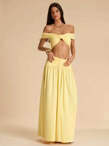 SHEIN BAE 女士黄色针织裹身上衣和中低腰鱼尾裙两件套，优雅黄色两件套，适合海滩度假、鸡尾酒会、周末聚会 - 黃色 - 查看 4