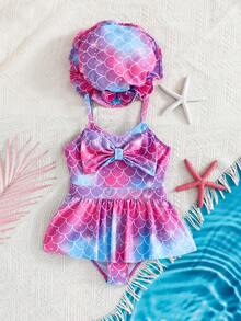 SHEIN Young Girls Mermaid Print Bow Cute Swimsuit, Sports, Beach, Vacation Swimming, Casual, Comes With Swim Cap - Multicolor - View 6