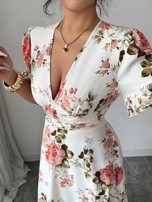 Elenzga 女士印花深V领褶皱短袖连衣裙 - 彩色 - 查看 7