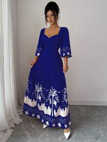 Mulvari Women's Vacation Ruffle Sleeve Fashionable Placement Print Dress - Blue - View 3