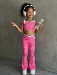 SHEIN 女童粉色豹纹背心和裤子套装，高弹面料 - 粉色 - 查看 5