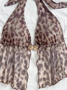 Soleia Women's Leopard Print Halter Tie-Up Metal Decor Ruffle Hem Top And Shorts Casual Vacation 2-Piece Set - Multicolor - View 5