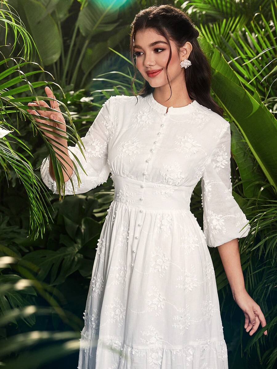 Modelyn Women's Stand Collar Pearl Button Waist Lantern Sleeve Midi Dress - White - View 1