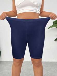 SHEIN EZwear 海军蓝加大码纯色修身短裤女长款短裤加大码骑行短裤女式紧身骑行短裤女式弹力短裤 - 藏蓝色 - 查看 4