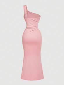 SHEIN X Hannahelzahed SHEIN MOD 女士优雅派对连衣裙，简约纯色无袖金属花卉装饰，褶皱修身鱼尾裙摆，夏季 - 粉色 - 查看 2