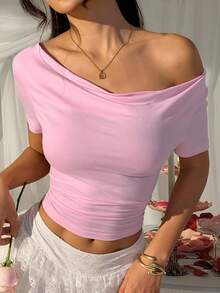 SHEIN EZwear Áo thun tay ngắn cổ tròn ôm sát, màu hồng, kiểu dáng thường ngày, thích hợp cho mùa hè. - Hồng - Xem 4