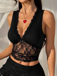 SHEIN EZwear Summer Elegant Women's Blouses Black Lace Deep V-Neck Cropped Sexy Versatile Camisole For Women - Black - View 5