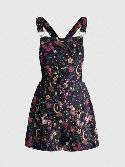 ROMWE Peto de talla grande con estampado retro de conejo, bosque y luna, estilo Fairycore