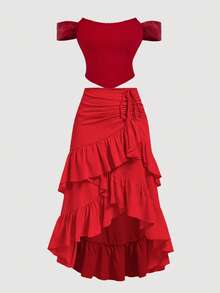 SHEIN MOD Vintage Court Red Off-Shoulder Bardot Top With Organza Panel And Cross Tie, Vintage Romantic, Wedding Wear, Garden Tea Party, Date, Party, Women's Summer And Spring Wear, Spring Break, Vacation, Picnic, Festival, Birthday. Red Off Shoulder Top Corset Top Off Shoulder Top Red Corset Top Red Top - Red - View 6