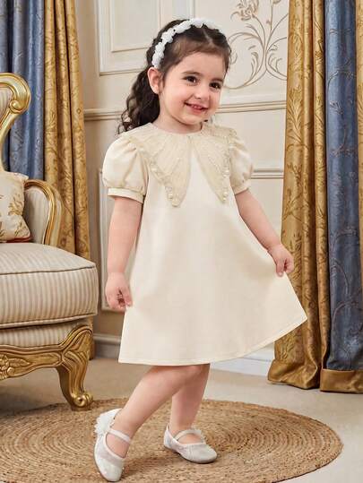 Baby Girl Round Neck Faux Pearl Decor Casual Party Holiday Puff Sleeve Dress