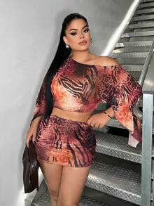 SHEIN SXY 女士豹纹斑马纹不对称领上衣和迷你裙两件套 - 彩色 - 查看 4