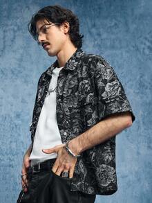 ROMWE MEN Street Life 男士前开襟休闲时尚百搭夏季衬衫，纹理花卉牛仔上衣 - 黑色 - 查看 6