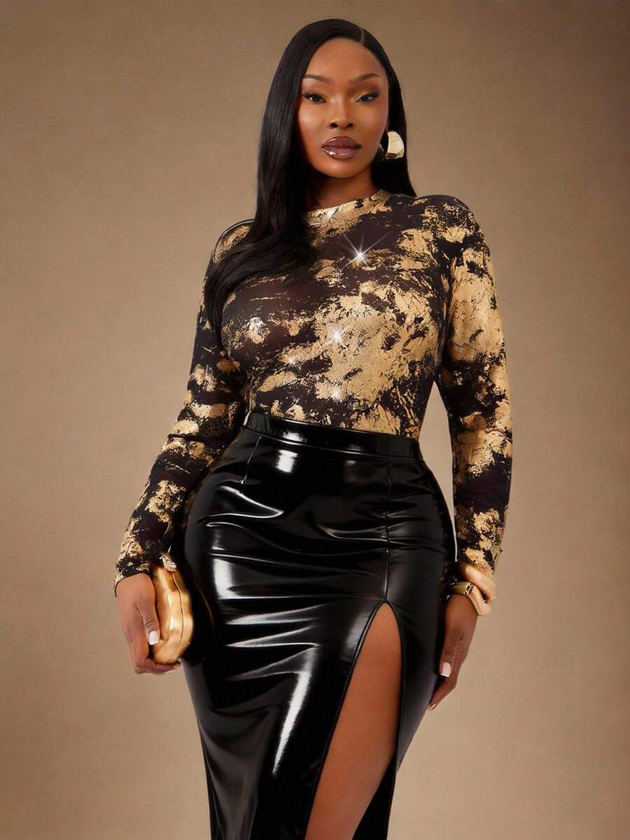 Radiana 大码女士优雅性感时尚立领修身透视金属面料长袖连体衣，适合音乐节、科切拉音乐节、锐舞派对、Live House、聚会、派对、舞会等场合。 - 金色 - 查看 1