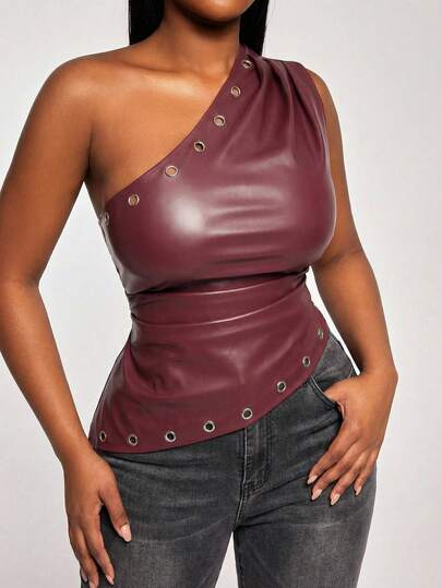 Radiana Plus Size Women's Fall & Winter,Spring&Summer Elegant Metal Grommet Cutout Design Pleated Stretch PU Leather Asymmetric Hem One Shoulder Sleeveless Top,Suitable For Office New Years Eve Christmas Red