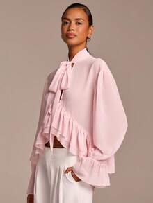 COSMINA Damen rosa Rüschen-Langarmbluse mit Schaltuch, lässig elegante Resort Romantik Boho Chiffon Rüschen Bluse - Babypink - Übersicht 6