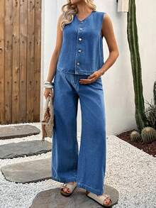 SHEIN Maternity V-Neck Single-Breasted Sleeveless Top And Wide-Leg Jeans Casual Outfit - Blue - View 4