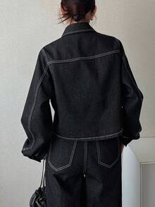 FRIFUL Women's Solid Color Front Button Long Sleeve Top And Wide Leg Jeans Set - Blue - View 4