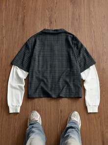 SWAVVY 男士时尚学院风格子印花长袖衬衫 - 藏蓝色 - 查看 4