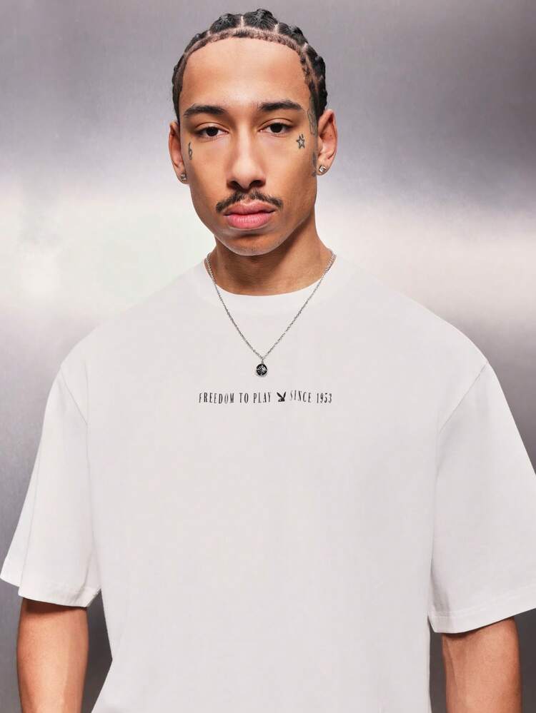 PLAYBOY X SUMWON Men's Oversized Graphic Back Print Crew Neck Short Sleeve Cotton T-Shirt Freedom To Play Streetwear Casual Top
